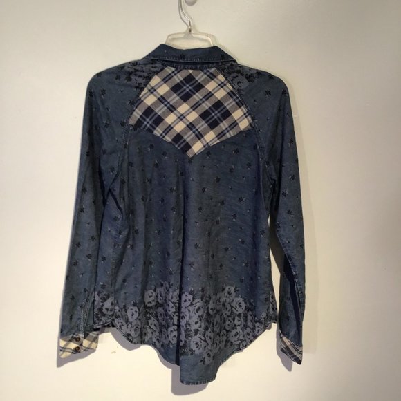 Free People Dottie Over You Chambray Button Up Floral and Plaid Blouse Size S - Picture 10 of 14